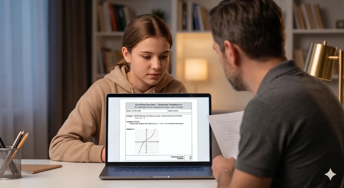 Schüler:in der Mittelstufe betrachtet eine druckfertige PDF-Probeklausur.
