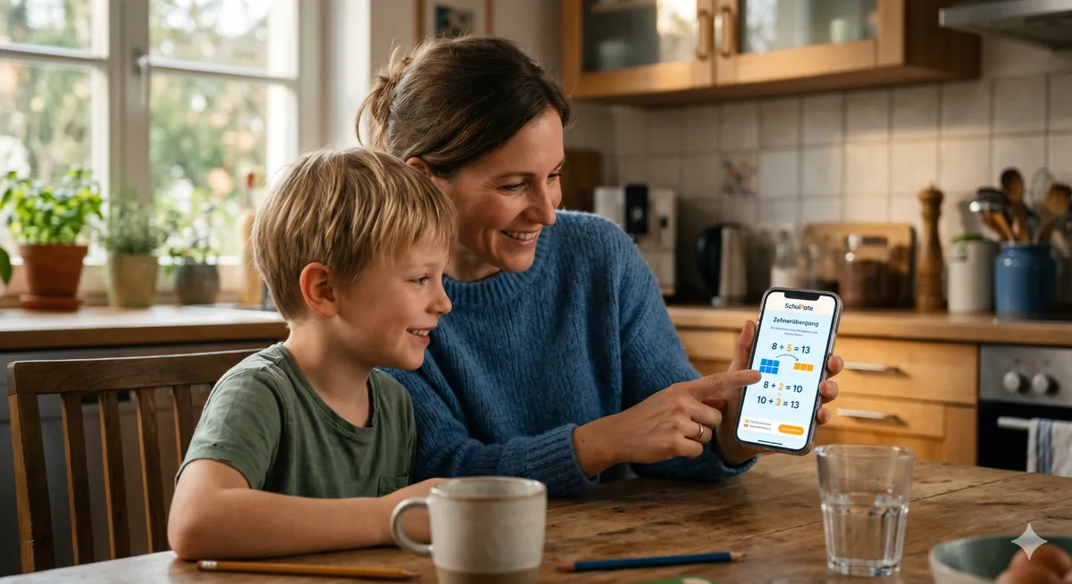 Grundschulkind lächelt am Schreibtisch und nutzt die SchulPate-App auf einem Tablet.
