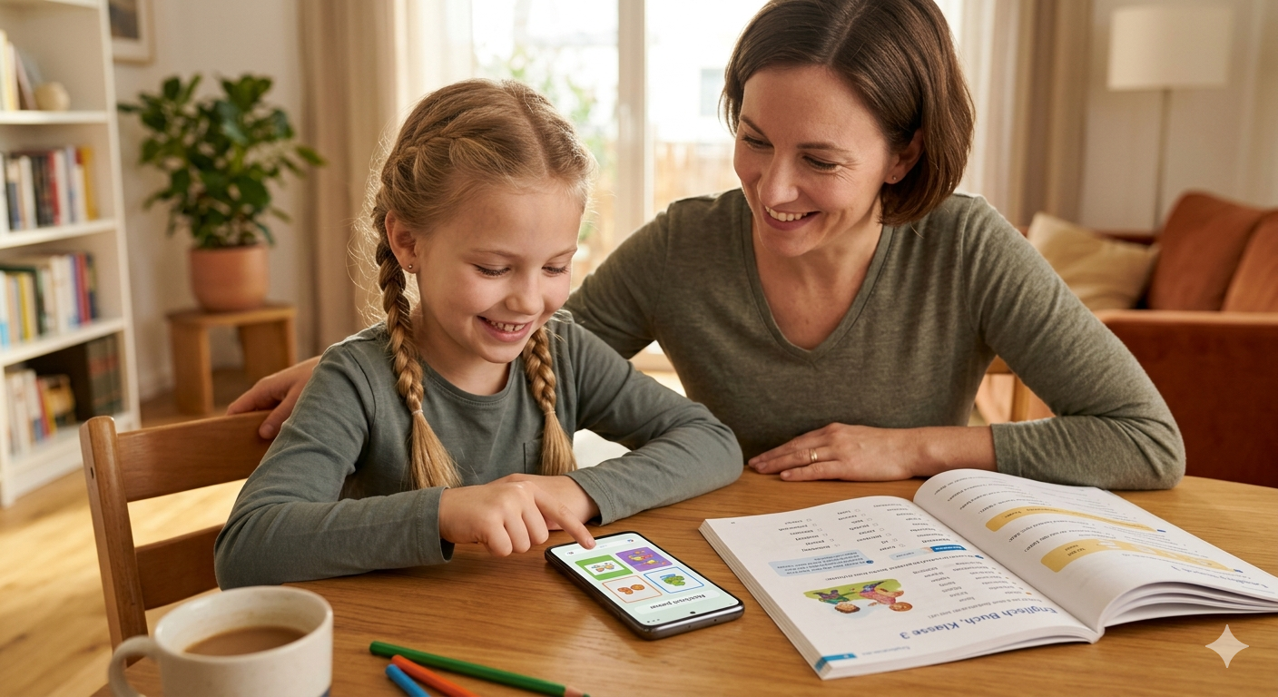 Mutter und Tochter lernen gemeinsam Vokabeln mit der SchulPate-App.
